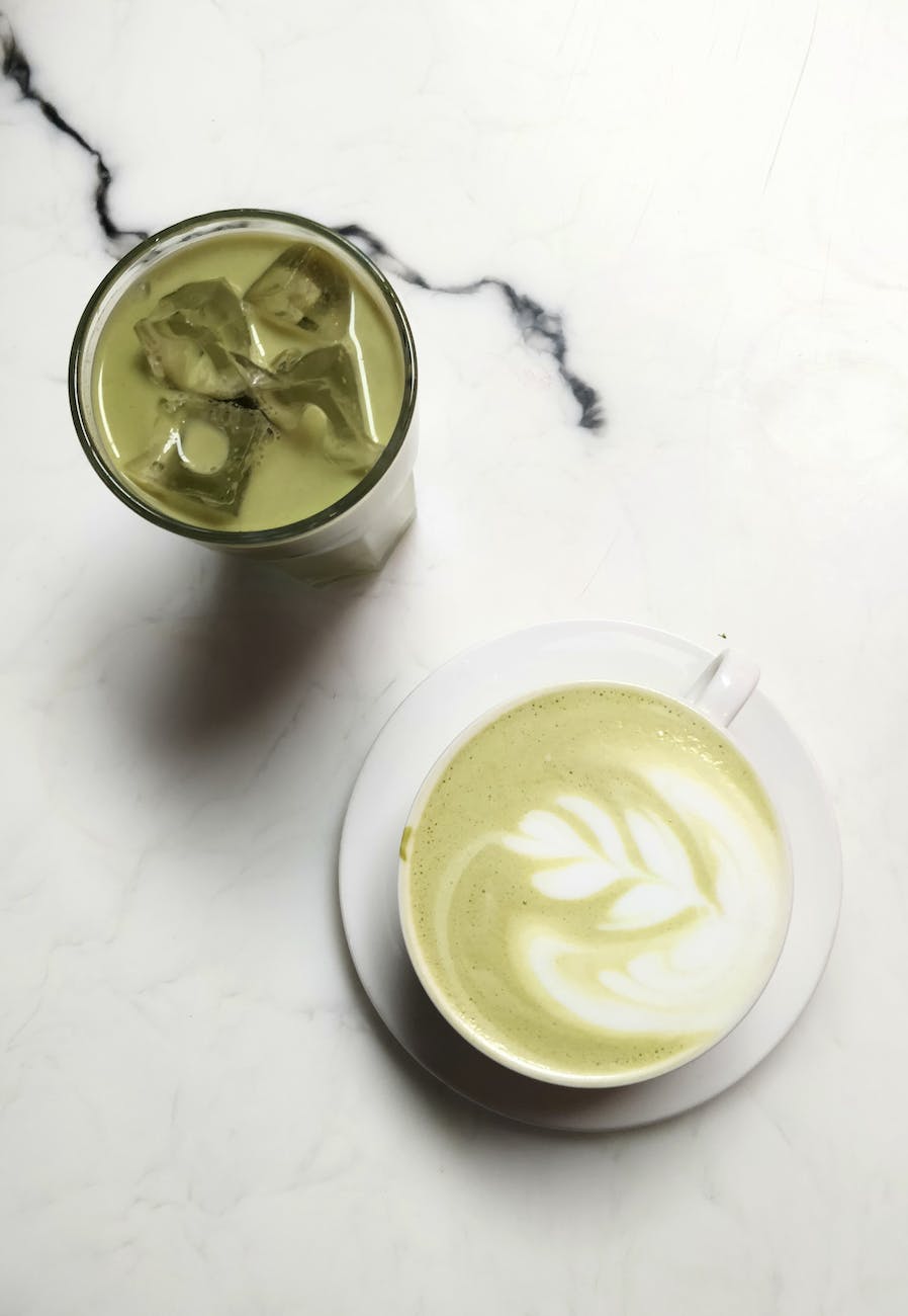 Top view photo of matcha drinks morning beverages