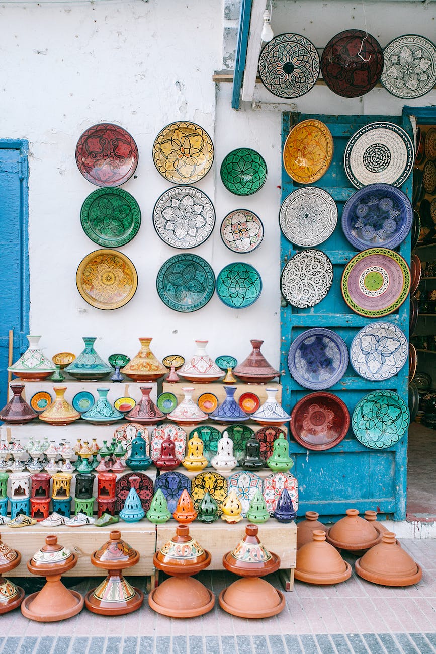 Traditional plates with ornament in local market barter systems