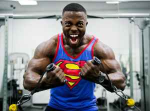 Blue and red superman print tank top shirt gym membership stress