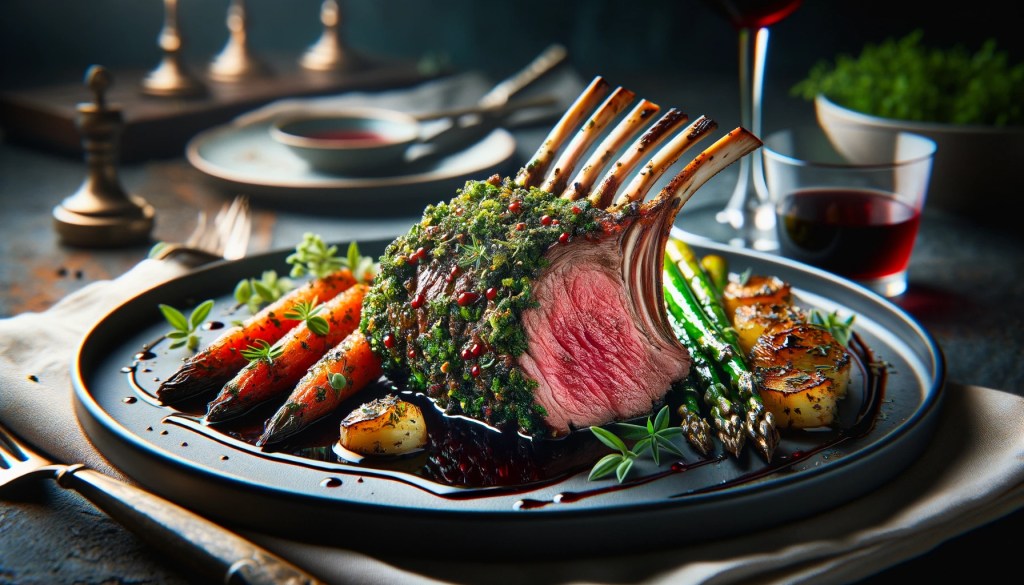 Herb-crusted rack of lamb with red wine reduction. / the guide to a healthy, wealthy, and happy valentine's day